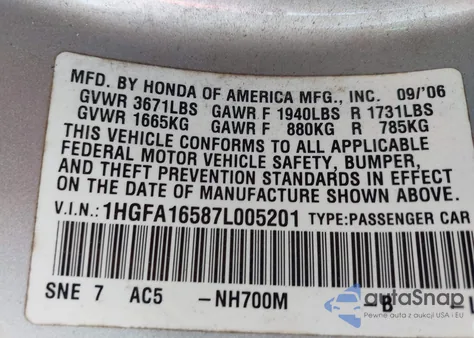 2007 Honda Civic Lx z USA, uszkodzony, nr VIN 1HGFA16587L005201